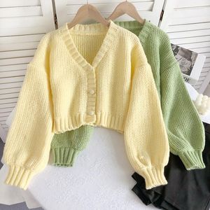 Women's Knits Retro Lazy V-neck Long-sleeved Knitted Cardigan Autumn Winter Breasted Sweater Jacket Solid Color Short Women Cardigans