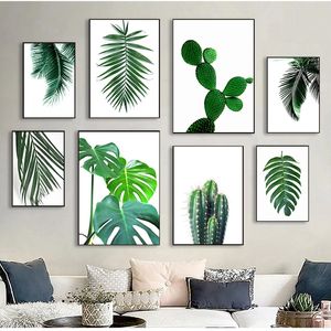 Poster e stampe nordici Immagine di arte della parete Decorazione della casa Cactus verde fresco Grandi foglie tropicali Piante dipinte su tela Woo