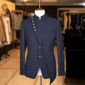 Men's Suits & Blazers 2023 Arrival Stand Collar Navy Blue 2 Pieces Slim Fit Custom Made Handsome Bridegroom Wedding Tuxedos Skinny