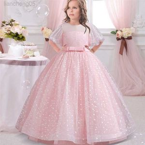 Flickans klänningar 2023 Summer Kids Princess Dress for Girls Children Come Lace Dress Girl Party Dresses Vestidos Puff ärms klänning 4-14 år W0224