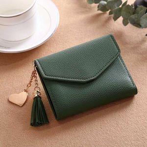 Wallets Ladies Short PU Leather Wallet Korean Tassel Envelope Type Buckle Trifold Women Solid Color Fashion Purse