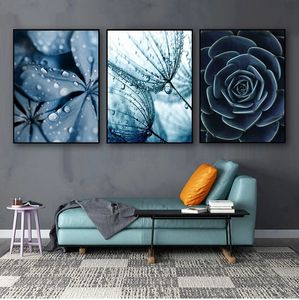 E pinturas imagens de parede para decoração de sala de estar azul suculenta suculenta monstera folhas arte de parede pintando pôsteres nórdicos woo