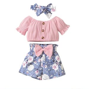 أزياء صيف مولود طفل طفل ملابس مجموعة قصيرة الأكمام قمم الكشكشة قمم الأزهار طباعة شورتات رئيس العقد 3pcs ملابس
