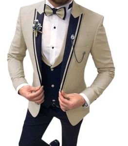 Slim Fits Groom Tuxedos Peak Lapel Beige Wedding Clothing Party Prom Dress Dinner Business Suits Blazer W1476