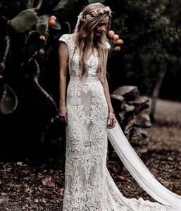 Chic Lace Boho Wedding Dress 2023 Elegant Mermaid Country Cap Sleeve Wedding Dresses For Bride Bohemian V Neck Princess Bridal Vestidos de Novia For Women Bride