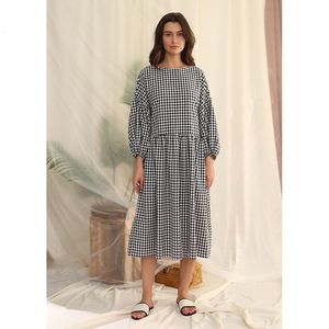 Basic Casual Dresses Vintage Plaid 100% Cotton Elegant for Women Retro Puff Sleeve Party Summer Holiday Beach Sundress 230224