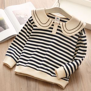 Hoodies Sweatshirts Autumn Spring 2 3 4 5 6 7 8 9 10 Years Casual Long Sleeve Peter Pan Collar Cotton Striped Sweatshirts For Kids Baby Girls 230223