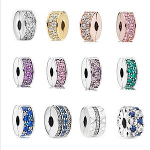 Pandora-Argento 925 Ciondoli pendenti Clip placcata in oro rosa Clip di fissaggio Accessori lampeggianti Clip di posizionamento Tesoro intarsiato blu Clip di fissaggio intercolore