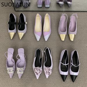 Sandalen Suojialun 2023 Marke Frauen Sandale Mode Lila Damen Elegante Kleid Flache Schuhe Spitz Zehe Slip On Outdoor Casual Sho 230224