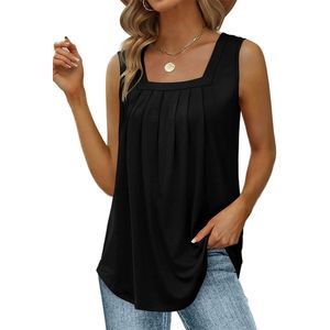 Summer Shirts Tank Tops For Women Loose Fit Pleated Square Neck Sleeveless Tops Curved Hem Flowy