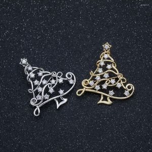 Brooches Classic Brass Copper Delicate Hollow Christmas Tree With Crystal Festoon Star Rhinestone Pins For Women Men X'MAS Gifts