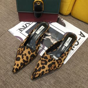 Slippers Women Pointed Toe Leopard Design Shallow Slip On Thin Low Heels Black Flock Casual Mules Loafers Outdoor 230224