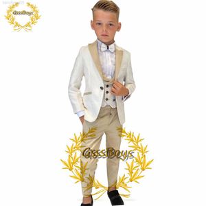 Kläder set pojkar kostym 3 stycke bröllop smoking party jacka byxor väst barn blazer set pekade lapel formella anpassade barn kostymer w0224