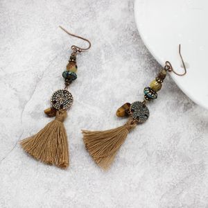 Dangle Earrings Bohemian Ethnic Flower Design Hollow Circle Hanging Long Brown Fringed Coloured Natural Stone Pendientes