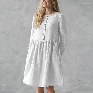 Casual Dresses Women Spring Summer Fashion Solid Round Neck Pocket Button Long Sleeve Cotton Linen Dress Breathable Female Clothing