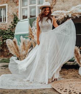 Vestido de noiva de renda de croch￪ de croch￪ chique 2023 Flowy Backless Bohemian Hippie Wedding Vestres de noiva Civil Summer praia Vestido de noiva de Mariee vestido de Novia mariage femme