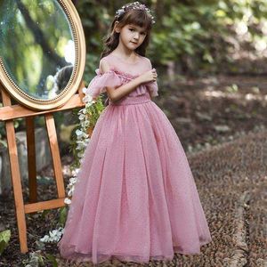 Abiti da ragazza Abito da ballo 2022 Abito lungo in tulle a pois per ragazze Abito da ballo elegante per bambini Abiti formali Principessa Come Party Wedding W0224