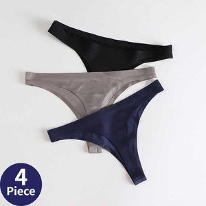 Panties Sexy Thongs Ice Silk Panties Underwear Seamless Solid G-String Thongs Low Waist Female Lingerie Tanga 4 Pieces
