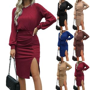 Casual Kleider Mode Elegante Frauen Midi Kleid Langarm Split Bodycon Für O Hals Büro Plissee Dame Party Vestido 23398