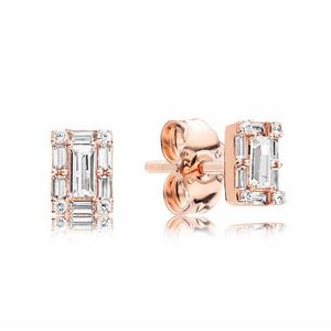 Orecchini a lobo Halo quadrati in oro rosa 18 carati per Pandora Argento sterling 925 Gioielli firmati da sposa per le donne Regalo fidanzata Set di orecchini di lusso con scatola originale