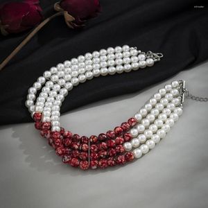 Choker Women Necklace Imitation Pearl Gotic Gorgeous Decorative Fine Workmanship Dress Up Vintage Multi-Layer Pärled Short Je