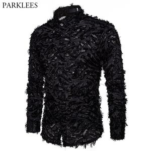 Mens Casual Shirts Sexig Black Feather Lace Shirt Men Fashion See Through Clubwear Dress Shirts Mens Event Party Prom Transparent Chemise S3XL 230224