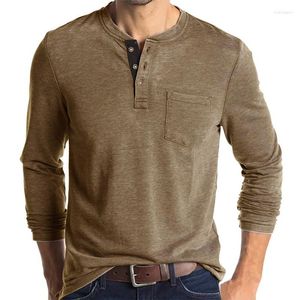 Camisetas masculinas khaki henley para homens casuais botões de ajuste regular bolso de manga longa camiseta spring outono de cor sólida camisa básica