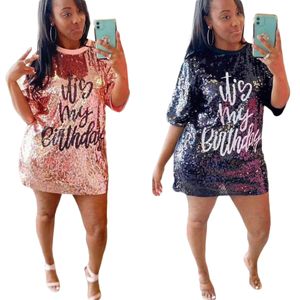 Bling Sequins Birthday Dress Women Casual Crew Neck Hip Hops Tunic Dresses Free Ship