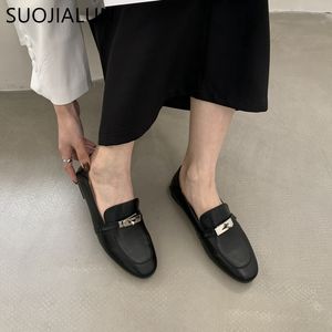 Dress Shoes SUOJIALUN 2023 Spring Brand Women Flat Fashion Buckle Round Toe Slip On Loafers Soft Casual British Style Oxford 230224