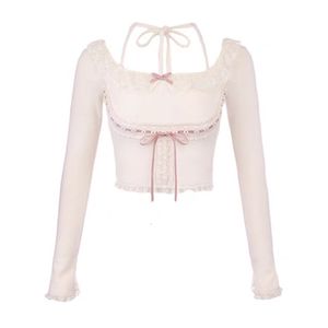 Kvinnors tvåbitar byxor 2023 Pink Japanese Style Kawaii Lolita Crop Top Women White Korean College Sweet Solid Bow Lace Franch Sweet Princess Blouse 230224