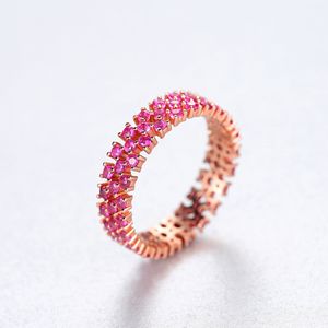 الموضة الكورية الملونة الأحجار الكريمة Openwork S925 Silver Ring Shiny Red Zircon Zircon Rose Gold Women Ring Jewelry Association