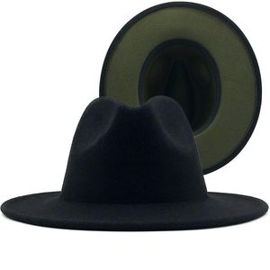 Cappelli a tesa larga Grandi dimensioni Esterno Nero Interno Verde militare Feltro di lana Jazz Fedora con fibbia per cintura sottile Uomo Panama Trilby Cap 56-60CM