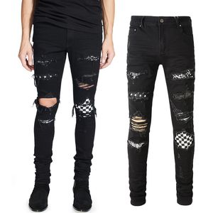 Abgenutzte Patchwork-Biker-Denim-Jeans für Herren, Stretch, schmale Passform