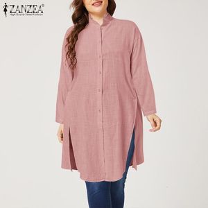 Women's Plus Size T-Shirt Solid Tunic TopCasual Loose Blusas ZANZEA Women Stand Collar Long Shirt Autumn Long Sleeve Buttons Down Cotton Blouse Plus Size 230224