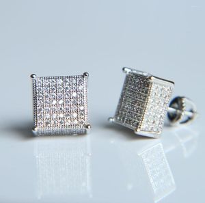 Studörhängen högkvalitativ silverpläterad rosguldfärg Micro Pave CZ Big Cube Shape Hiphop Bling Mens Screwback Earring