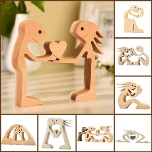 Oggetti decorativi Figurine Decorazione della casa Coppia di legno Figurine Artigianato Tavolo Ornamento Famiglia Mini Cane Animale domestico Regali di San Valentino OEM Dro 230224