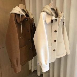 Women's Jackets Warm Single Breasted Wool Pea Coat Trench Jacket with Knitted Hood Casual Style Woolen s 230223