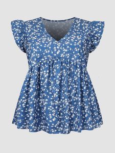 女性のプラスサイズTシャツFINJANI DITSY FLORAL V-NECK PEPLUM BLOUSE PLUSサイズ女性カジュアル気質Tシャツパフスリーブ夏半袖230224