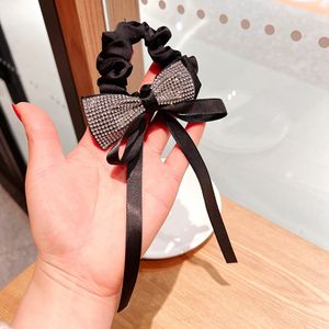 Korean Ribbon Retro Fashion Bow Crystal Rhinestone Hair Ring Hair Rope French Head Rope Rubber Band Headdress Female 1712