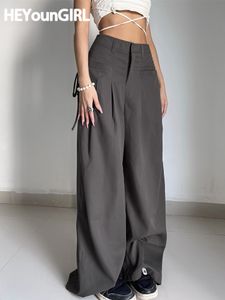 Kvinnors byxor Capris Heyoungirl Shirring Casual Wide Leg Pants Women High midja Street Basic Loose Sweaters Korean Retro Grey Office Lady Pants 230223