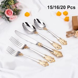 Geschirr-Sets 12 15 16 20-teilig, vergoldetes Luxusbesteck, Edelstahl, Vintage-Western-Geschirr, Gabel, Löffel, Messer 230224