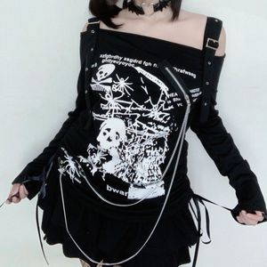 Kadınlar İki Parçalı Pantolon 2023 Gotik Siyah Emo Y2K Punk Tişörtlü Eğik Çekiş Uzun Kollu Koyu Akademisi Teknik Giyim Harajuku Gevşek Ter Gömlek Grunge Tees 230224