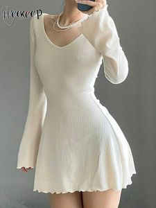 Casual Dresses Weekeep Autumn Party Dress Solid Elegant Flared Full Sleeve Slim Knitted Mini Aline Women Clothing Korean Fashion Lady 230224