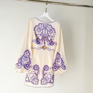 Women's dress slash neck lantern sleeve Gathered Waist Flower embroidery linen mini dress 01