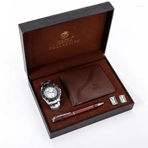 Armbanduhren Uhren Set Herren Top Geschenksets Uhr Brieftasche Kugelschreiber Manschettenknöpfe für Vater Valentinstag mit Box