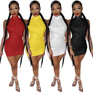2023 Designer Sexiga l￤derkl￤nningar Sommarkl￤der Kvinnor Backless Pu Bodycon Dress Kvinnlig ￤rml￶s Split Mini Dress Night Club Party Wear Wholesale Artiklar 9327