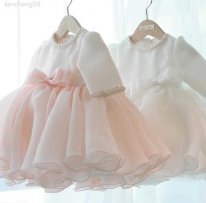 Girl's Dresses Long Sleeve Baby Girl Dresses Beads Bow Baptism Dress for Princess 1 year Birthday Party Wedding Gown Baby Christening Clothing W0224