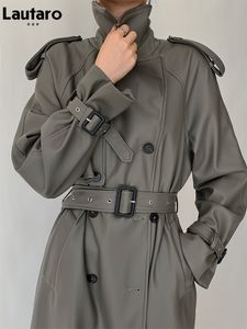 レディースジャケットラウタロ春秋の灰色の灰色の革のトレンチコート