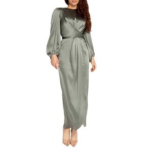 dress ethnic wear for women green Arab dress Classic round neck elegant waist, fashion noble small lantern sleeve cuff elastic closing, casual