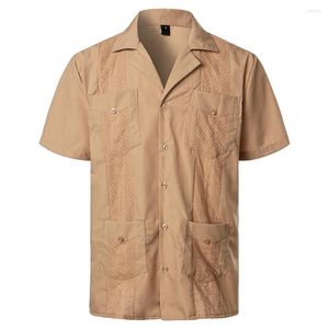 Мужские повседневные рубашки кубинское лагерь рубашка гуабера мужская пуговица с коротким рукавом вниз по вышивке мужское мягкое дышащее сплошное цветовое пляж
